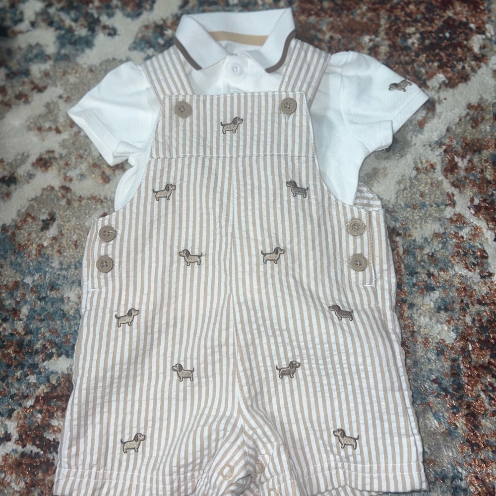 Little Me Beige Striped Overalls with Dog Pattern